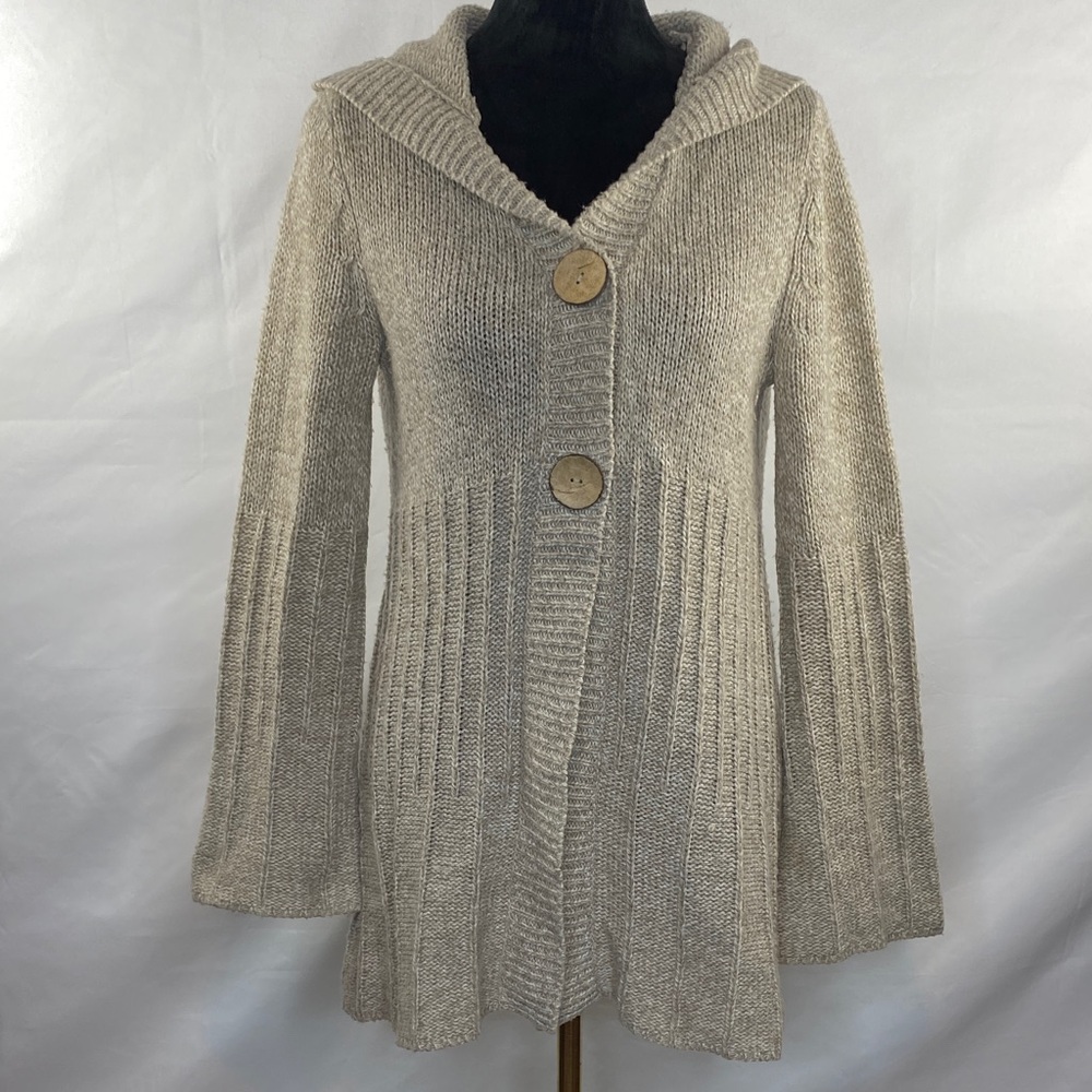 Carolyn Taylor Hooded Oatmeal Knit Bell Sleeve Cardigan Sweater Boho Cozy